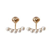 Brass Stud Earring with Plastic Pearl Heart real gold plated fashion jewelry & for woman golden nickel lead & cadmium free Sold By Pair