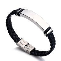 PU Cord Armbånd, med Titanium Stål, poleret, Unisex, sort, Længde Ca. 7.87 inch, Solgt af PC