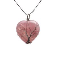 Quartz Halskæde, Rose Quartz, med messingtråd & Voks, Heart, sølvfarvet forgyldt, Unisex & forskellige stilarter for valg, lyserød, 30x40mm, Længde 19.7 inch, Solgt af PC