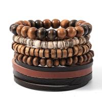 Pulseira de couro, corda de Couro de vaca, with Coco & Fio de cera & madeira, 5 peças & Ajustável & joias de moda & multicamada & unissex, cor de café, 180mm, vendido por Defina