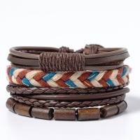 Bracciale in cuoio, corda in pelle di vitello, with Filo di cotone & corda di cera & legno, 4 pezzi & Regolabile & gioielli di moda & multistrato & unisex, multi-colore, 180mm, Venduto da set