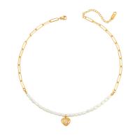 Kunststof parel ketting, 304 roestvrij staal, met Plastic Pearl, met 1.97inch extender keten, Hart, mode sieraden & voor vrouw, gouden, 3mm,9mm, Per verkocht Ca 13.78 inch Strand