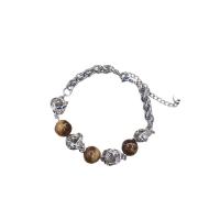 Naturlige Tiger Eye Armbånd, Titanium Stål, med Tiger Eye, med 5cm extender kæde, Runde, mode smykker & Unisex & justerbar, sølv, Længde 18.5 cm, Solgt af PC