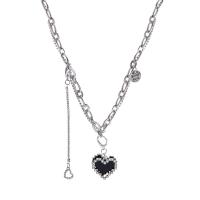 Titanium Steel Necklace with 5cm extender chain Heart polished Double Layer & fashion jewelry & adjustable & micro pave cubic zirconia & for woman silver color Length Approx 44 cm Sold By PC