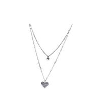 Collier de mode Multi couche, Acier titane, avec 7.7cm chaînes de rallonge, coeur, Double couche & bijoux de mode & réglable & pour femme & avec strass, argent, Longueur Environ 45.5 cm, Vendu par PC