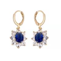 Boucle d'oreille strass, alliage de zinc, fleur, Placage de couleur d'or, bijoux de mode & Haute qualité plaqué et ne fond jamais & pour femme & avec strass, bleu, 34mm, Vendu par paire