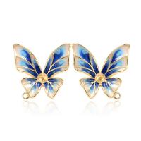 Componetes de Metal para Pendientes, Mariposa, chapado en oro de 14 K, Bricolaje & esmalte, azul, libre de níquel, plomo & cadmio, 18x16mm, Vendido por Par