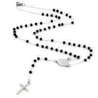 Rosary Necklace 304 Stainless Steel with Crystal & Zinc Alloy Cross Galvanic plating Unisex black 3.50mm Length 19.69 Inch Sold By PC