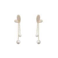 Fashion Fringe Boucles d'oreilles, laiton, coeur, Placage de couleur d'or, bijoux de mode & pavé de micro zircon & pour femme, doré, protéger l'environnement, sans nickel, plomb et cadmium, 12x42mm, Vendu par paire