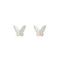 Boucles d'oreilles coquillage, laiton, avec coquille blanche, papillon, Placage de couleur d'or, bijoux de mode & pour femme, blanc, protéger l'environnement, sans nickel, plomb et cadmium, 13x11mm, Vendu par paire