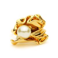 Mässing Cuff finger ring, med Plast Pearl, Blomma, äkta guldpläterad, justerbar & för kvinna, Storlek:6-8, Säljs av PC