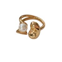 Mässing Cuff finger ring, med Plast Pearl, Blomma, 18K guldpläterad, justerbar & för kvinna, Storlek:6-8, Säljs av PC