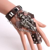 Gothic Bracciale Anello, Pelle, with lega in zinco, Teschio, placcato color platino, stile punk & unisex & regolabile, color caffè, 75x43mm, Misura:10, Lunghezza Appross. 6.7-7.8 pollice, Venduto da PC