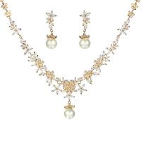 Micro zirconi Pave ottone Jewelry Set, orecchino & Collana, with perla in plastica, placcato color oro, 2 pezzi & Micro spianare cubic zirconia & per la donna, 50mm, Lunghezza Appross. 16 pollice, Venduto da set