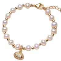 Sötvatten odlade Pearl Bracelet, Freshwater Pearl, med Mässing, med 4cm extender kedja, 14K guldpläterad, Naturligt & mode smycken & för kvinna, gyllene, 5-6mm, Såld Per 15 cm Strand