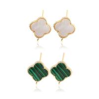 Brass Earring Drop Component with Malachite & White Shell Four Leaf Clover 14K gold plated DIY nickel lead & cadmium free Sold By Pair