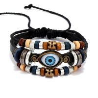 Bracelet Evil Eye bijoux, cuir PU, avec bois & alliage de zinc, Placage, multicouche & style folk & unisexe & réglable, plus de couleurs à choisir, Longueur 7.1 pouce, Vendu par PC