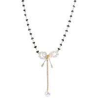 Kunststof parel ketting, Kristal, met Plastic Pearl & Zinc Alloy, met 5.3cm extender keten, Strik, gold plated, mode sieraden & verstelbaar & voor vrouw, Jet, Lengte Ca 34.3 cm, Verkocht door PC