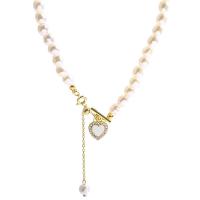 Colar de pérolas de plástico, Concha de resina, with liga de zinco, with 8.1cm extender chain, Coração, banhado a cores de alta qualidade de ouro, joias de moda & ajustável & para mulher & com strass, branco, comprimento Aprox 36.8 cm, vendido por PC