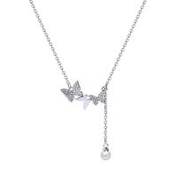 Collier d'acier titane, avec Plastique ABS perle, Plaqué de platine, bijoux de mode & pavé de micro zircon & pour femme, argent, 30mm, Longueur 36.6 cm, Vendu par PC