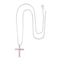 Kubieke Zirkoon Micro Pave Brass Ketting, Messing, met 2 extender keten, Oversteken, silver plated, micro pave zirconia & voor vrouw, roze, nikkel, lood en cadmium vrij, 34x44.50mm, Lengte 15.7 inch, Verkocht door PC