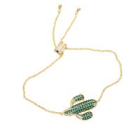 Bracelet cubique en laiton zircon pavent, Opuntia Stricta, Placage de couleur d'or, bijoux de mode & réglable & pavé de micro zircon & pour femme, vert, protéger l'environnement, sans nickel, plomb et cadmium, Longueur 24 cm, Vendu par PC