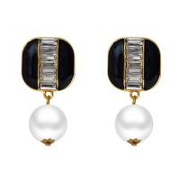 Strass Earring, Zinc Alloy, met Plastic Pearl, Plein, gold plated, mode sieraden & voor vrouw & glazuur & met strass, zwart, nikkel, lood en cadmium vrij, 23x44mm, Verkocht door pair