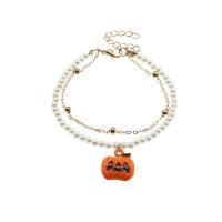 Bracelet en plastique, perle de plastique, avec résine & alliage de zinc, avec 2inch chaînes de rallonge, Citrouille, Placage de couleur d'or, Halloween Design & Double couche & pour femme, 20x18mm, Longueur Environ 8.1 pouce, Vendu par PC