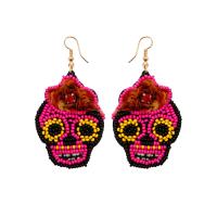 Seedbead Boucle d'oreille goutte, avec Paillettes & cristal & laiton, crane, fait à la main, Halloween Design & pour femme, carmin rose, 36x65mm, Vendu par paire