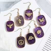 Boucles d'oreilles Quartz naturel, améthyste, avec laiton, rectangle, Placage de couleur d'or, modèles différents pour le choix & pour femme, violet, 19.30x3.35x30mm, Vendu par paire