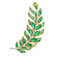 Broche cristal, alliage de zinc, avec cristal & strass, feuille, Placage de couleur d'or, unisexe, vert, protéger l'environnement, sans nickel, plomb et cadmium, 43x85mm, Vendu par PC