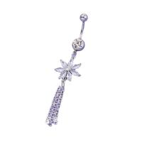 Rustfrit stål Belly Ring, 304 rustfrit stål, med Messing, Flower, platin farve forgyldt, mode smykker & Micro Pave cubic zirconia & for kvinde, platin farve, 16x72mm, Solgt af PC