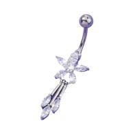 Rustfrit stål Belly Ring, 304 rustfrit stål, med Messing, Flower, platin farve forgyldt, mode smykker & Micro Pave cubic zirconia & for kvinde, platin farve, 13x40mm, Solgt af PC