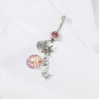 Mosiądz Belly Ring, ze Stop cynku, Syrena, Platerowane w kolorze platyny, biżuteria moda & mikro utorować cyrkonia & dla kobiety, różowy, 18x60mm, sprzedane przez PC