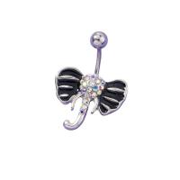 Rustfrit stål Belly Ring, 304 rustfrit stål, Elephant, platin farve forgyldt, mode smykker & Micro Pave cubic zirconia & for kvinde & emalje, sort, 21x27mm, Solgt af PC