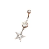 Rustfrit stål Belly Ring, 304 rustfrit stål, Stjerne, mode smykker & for kvinde & med rhinestone, platin farve, 13x40mm, Solgt af PC