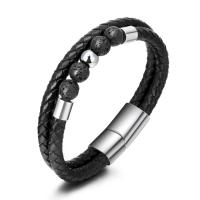 Bracelet de cuir de vachette, Acier titane, avec Pierre naturelle & cuir de peau de vache, vernis au four, Double couche & bracelet tressé & différents matériaux pour le choix & pour homme, noire, 210mm, Vendu par PC