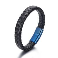 Rundsleder armbanden, Titanium Staal, met Koeienhuid, gevlochten armband & voor de mens, blauw, 210mm, Verkocht door PC