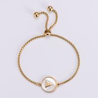 Pulsera de Acero Inoxidable, acero inoxidable 304, con Nácar Blanca, Redondo aplanado, chapado en oro de 18 K, diferentes estilos para la opción & con el patrón de la letra & para mujer, 16mm, longitud aproximado 10.2 Inch, Vendido por UD