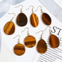 Gemstone Earrings, olho de tigre, with cobre, cromado de cor dourada, Vario tipos a sua escolha & para mulher, Mais cores pare escolha, 19x3.20x35mm, vendido por par