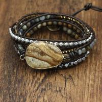 Gemstone Armbånd, Picture Jasper, med PU ledning & Ikke-magnetisk hæmatit & Zinc Alloy, ellipse, forgyldt, flerlags & for kvinde, blandede farver, Længde 31.5 inch, Solgt af PC