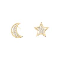 Pendientes asimétricos, plata de ley 925, Luna y estrella, 18K chapado en oro, micro arcilla de zirconia cúbica & para mujer, 7x10.50mm, Vendido por Par