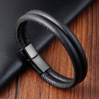 PU Leather Cord Bracelets Titanium Steel with PU Leather polished dyed & for man black Length Approx 8.26 Inch Sold By PC