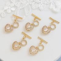 Chiusura Toggle in ottone, Cuore, placcato color oro, DIY & Micro spianare cubic zirconia, dorato, assenza di nichel,piombo&cadmio, 16x30mm, Venduto da PC