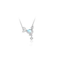 Zircon cubique Micro Pave collier en argent Sterling, argent sterling 925, avec Moonstone, avec 1.96 inch chaînes de rallonge, Baleine, Placage de couleur platine, pavé de micro zircon & pour femme, Longueur Environ 15.75 pouce, Vendu par PC