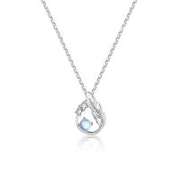 Zircone cubico Micro spianare collana dell'argento sterlina, 925 argento sterlina, with Moonstone, with 1.96 inch extender chain, Forma a piuma, placcato color platino, Micro spianare cubic zirconia & per la donna & cavo, Lunghezza Appross. 15.75 pollice, Venduto da PC