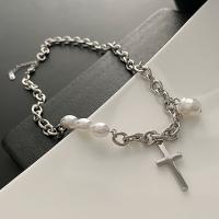 Titanium Steel Necklace with Plastic Pearl with 1.96inch extender chain Cross fashion jewelry & for woman original color Length Approx 16.5 Inch Sold By PC