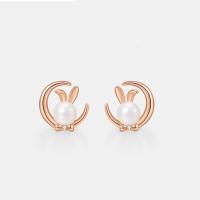 Pendientes de Micro Pavé de Zirconía Cúbica en Plata de Ley, plata de ley 925, con Perlas plásticas, Conejo, chapado en color rosa dorada, micro arcilla de zirconia cúbica & para mujer, 10x10mm, Vendido por Par