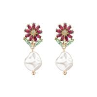 Boucles d'oreilles en alliage de zinc, avec perle de plastique, fleur, bijoux de mode & pour femme & avec strass, 50mm, Vendu par paire