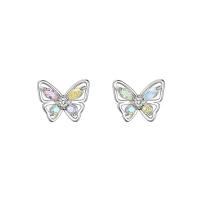 Cubic Zirconia micro pavimenta Sterling Silver Earring, 925 sterline d'argento, Farfalla, placcato color argento, Micro spianare cubic zirconia & per la donna, argento, 9x7mm, Venduto da coppia